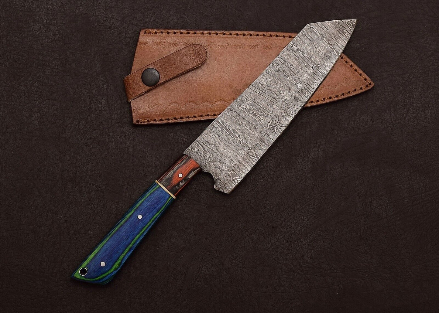 Damascus Steel Kitchen Fillet Knife  Custom Handmade With Leather Sheath 1