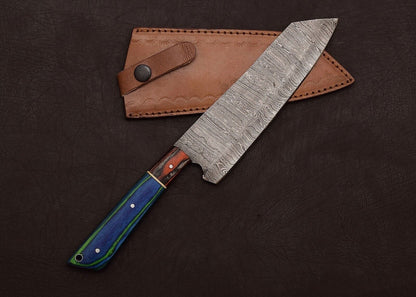 Damascus Steel Kitchen Fillet Knife  Custom Handmade With Leather Sheath 1