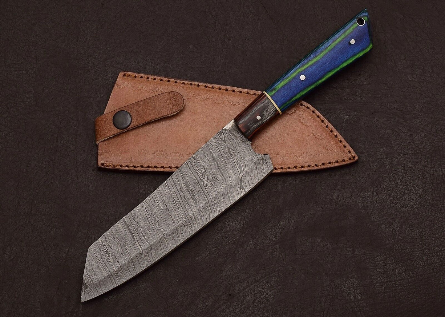 Damascus Steel Kitchen Fillet Knife  Custom Handmade With Leather Sheath 2