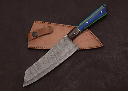 Damascus Steel Kitchen Fillet Knife  Custom Handmade With Leather Sheath 2