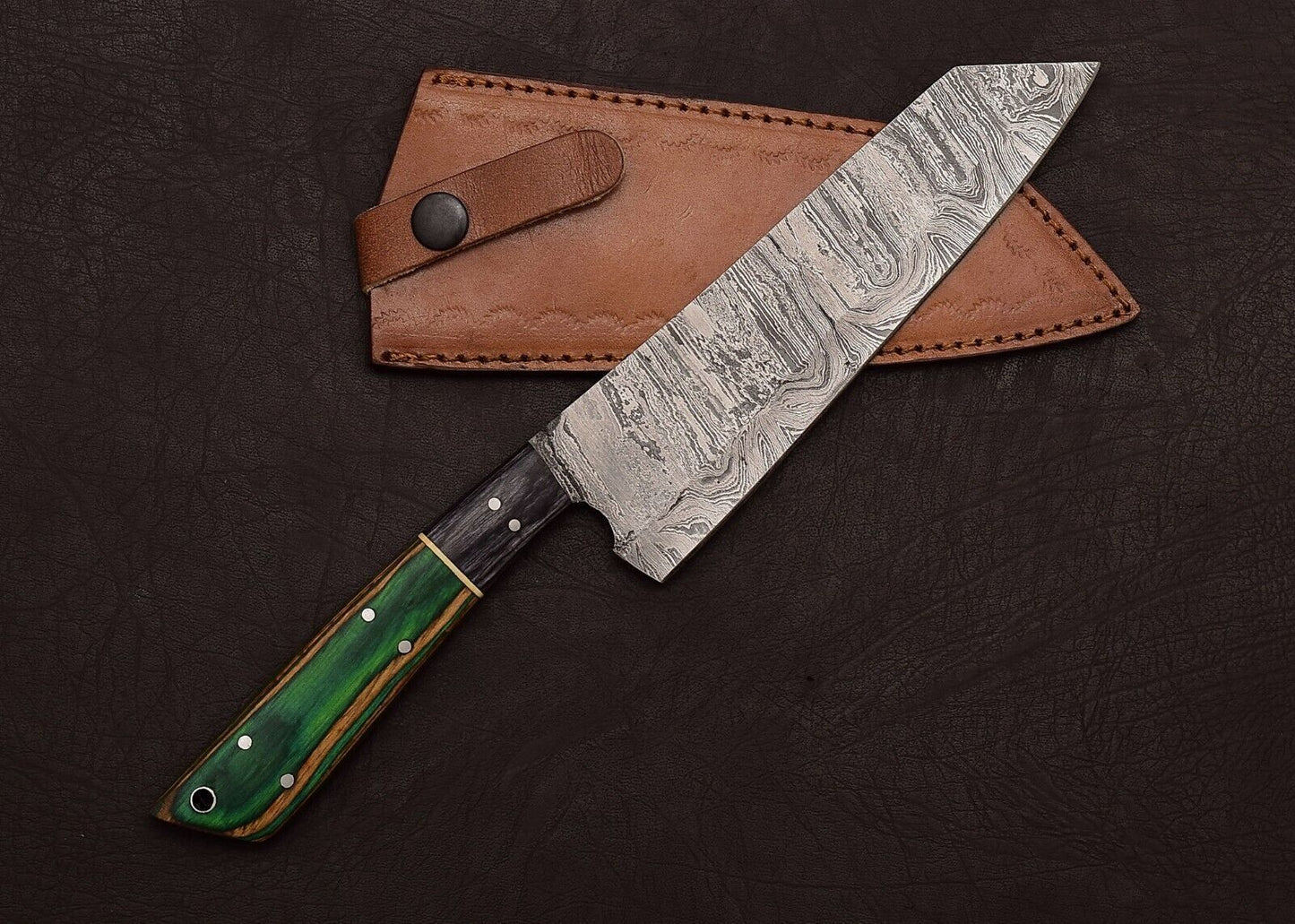 HandForged Damascus Steel Hunting Knife  Fillet Chef Knife With Leather Sheath 1