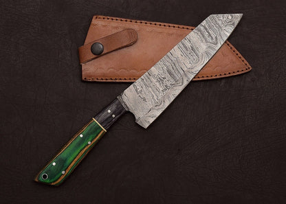 HandForged Damascus Steel Hunting Knife  Fillet Chef Knife With Leather Sheath 1