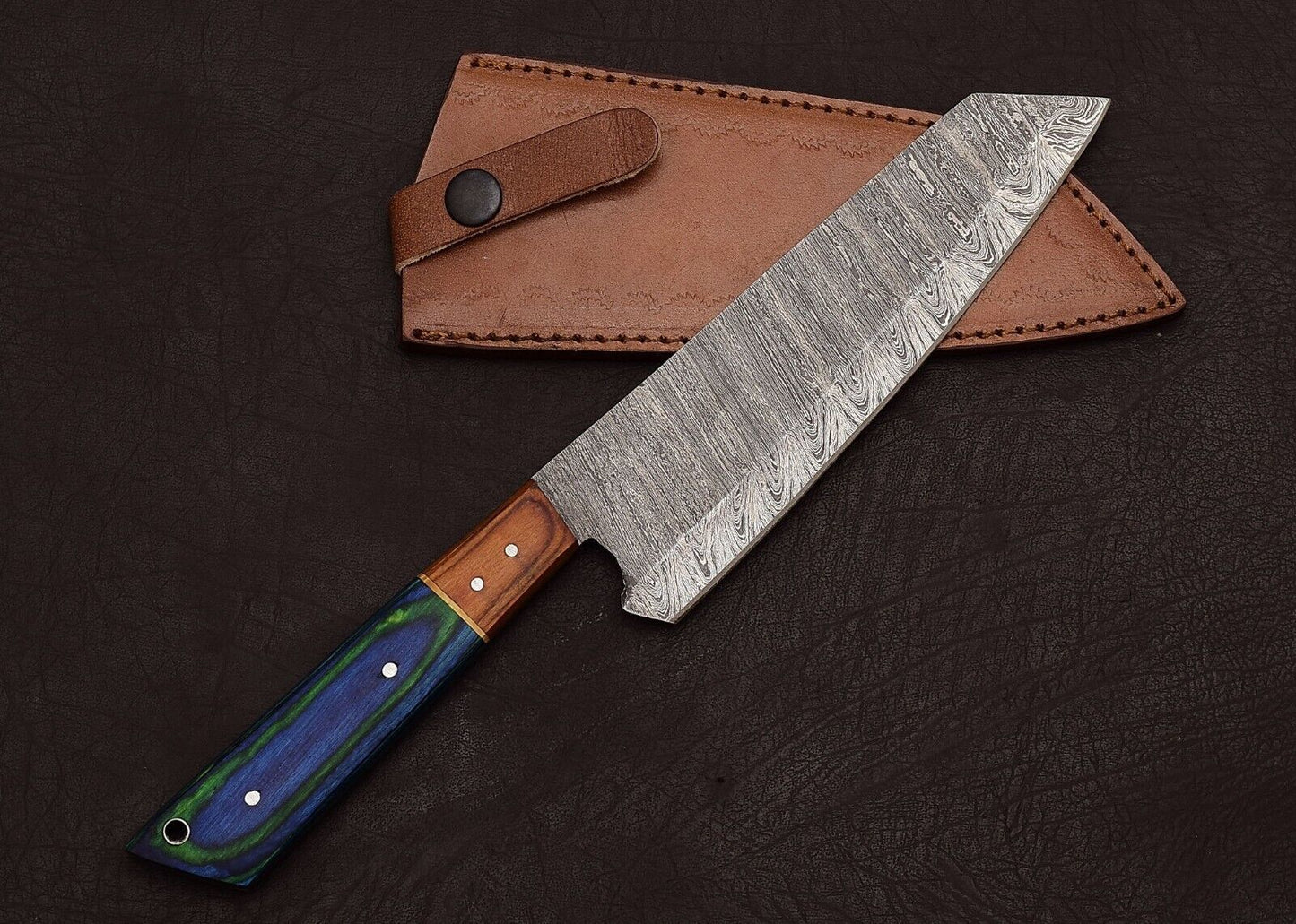 Damascus Steel Chef Fillet Knife  Premium Handmade Blade With Leather Cover 1