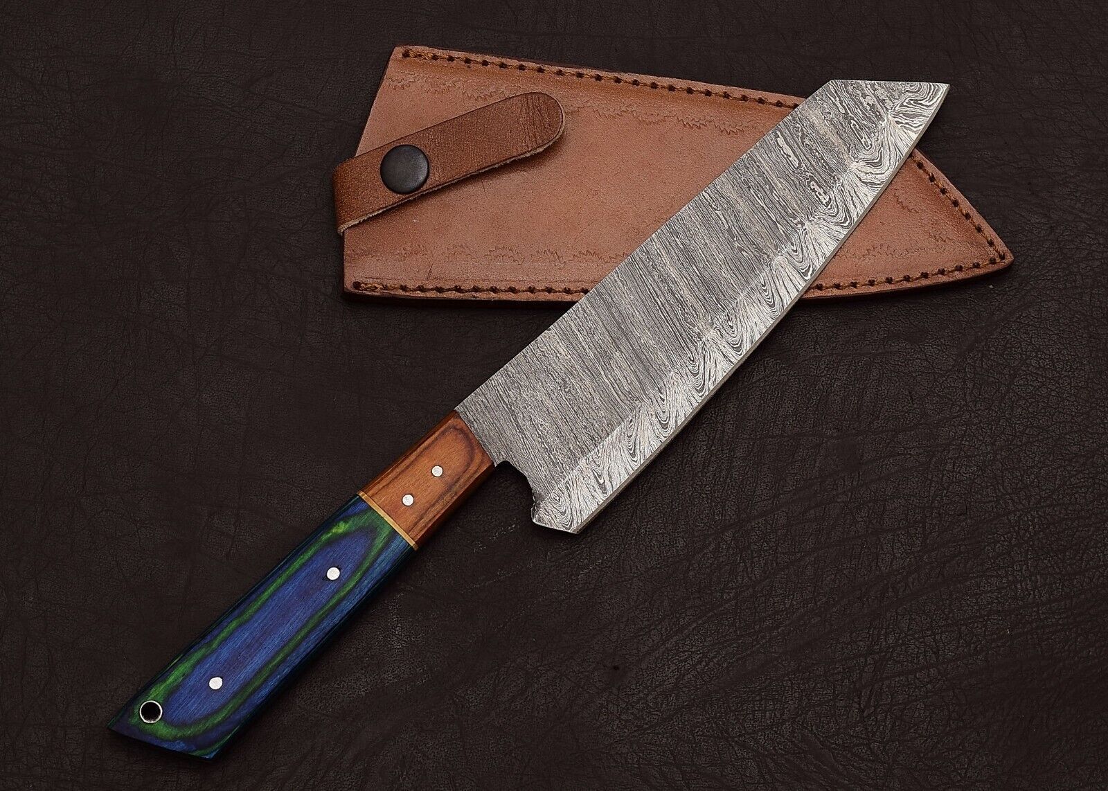 Damascus Steel Chef Fillet Knife  Premium Handmade Blade With Leather Cover 1
