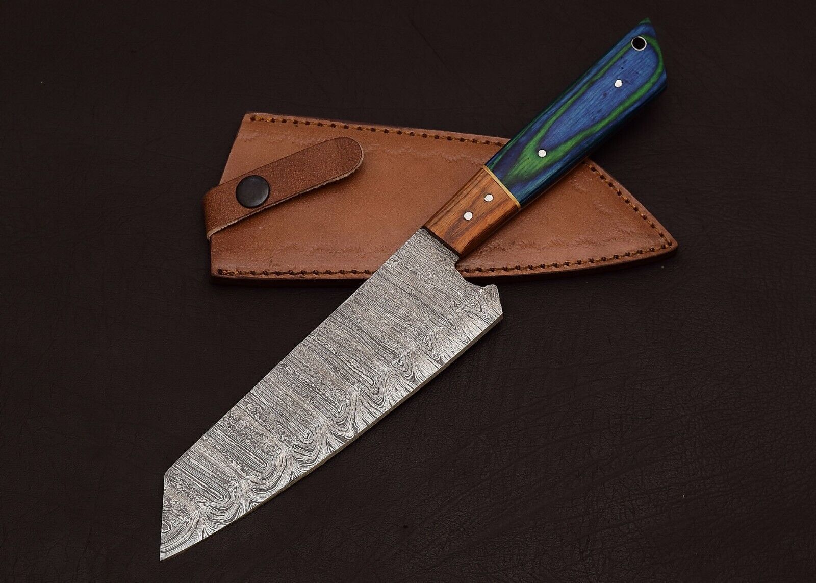 Damascus Steel Chef Fillet Knife  Premium Handmade Blade With Leather Cover 2