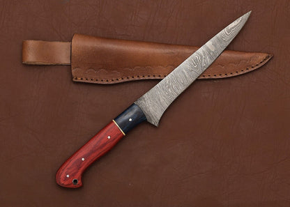 Custom Damascus Steel Outdoor Knife  Chef Fillet Blade With Leather Sheath 1