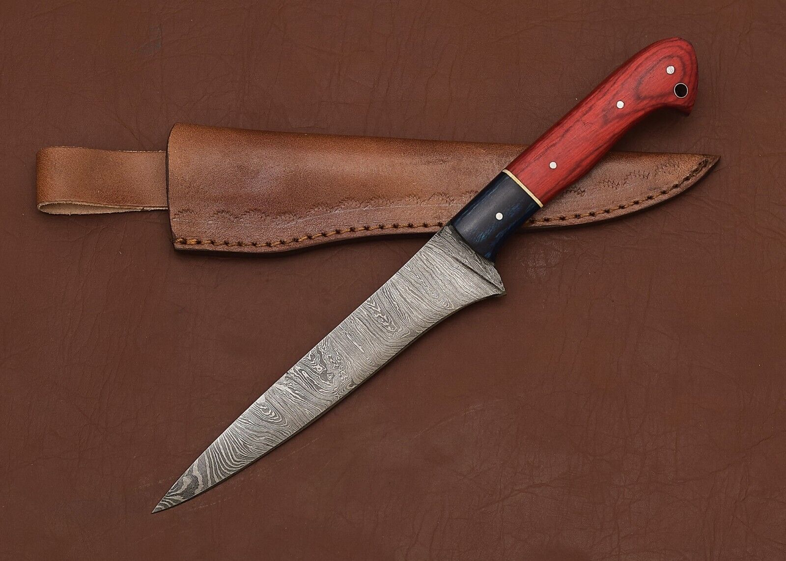 Custom Damascus Steel Outdoor Knife  Chef Fillet Blade With Leather Sheath 2
