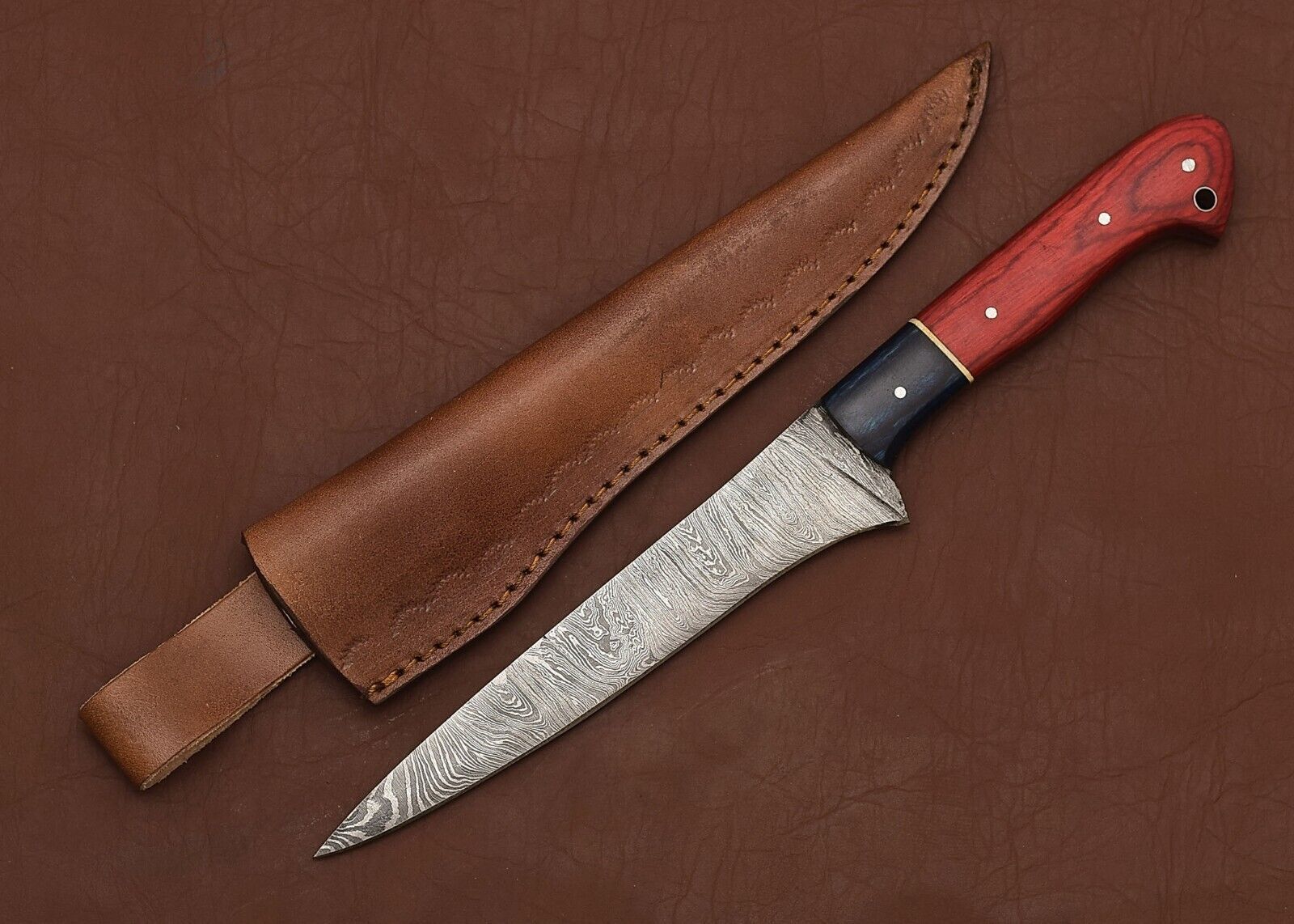 Custom Damascus Steel Outdoor Knife – Chef Fillet Blade with Leather Sheath