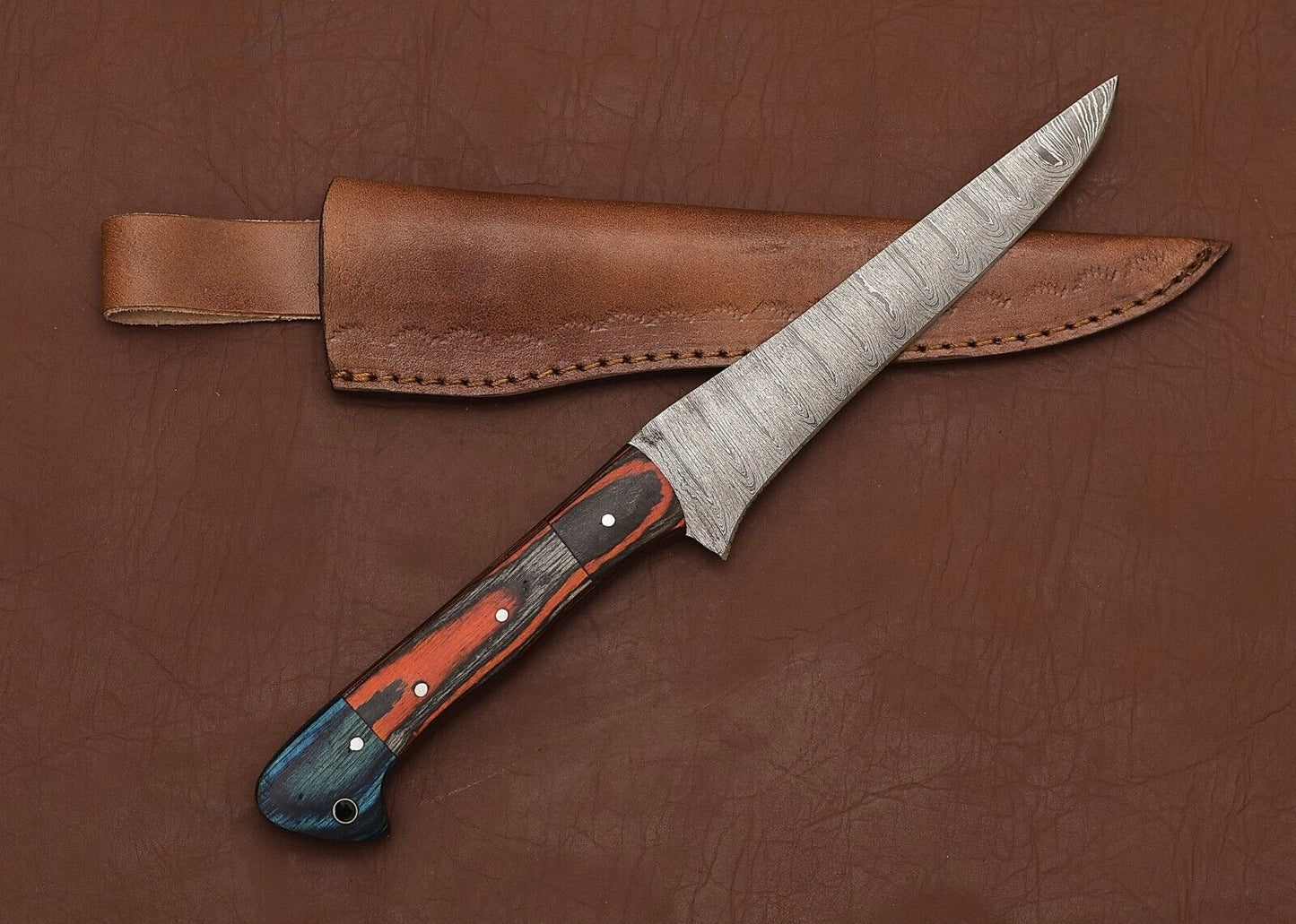 HandForged Damascus Fillet Knife  Kitchen  Hunting Tool With Leather Sheath 1