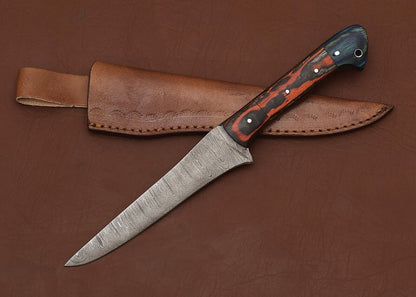 HandForged Damascus Fillet Knife  Kitchen  Hunting Tool With Leather Sheath 2
