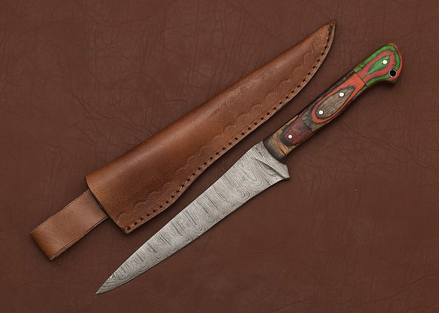 Damascus Steel Kitchen Master Knife – Handmade 13" Fillet Knife with Wooden Handle