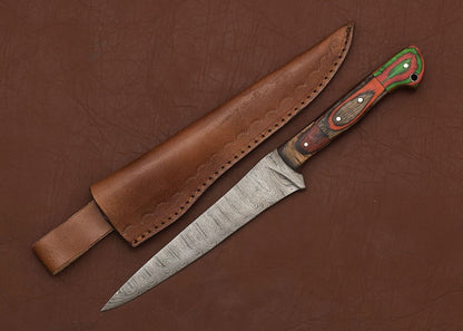 Damascus Steel Kitchen Master Knife – Handmade 13" Fillet Knife with Wooden Handle