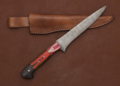 Handmade Damascus Steel Fillet Knife  Chef  Hunting Knife With Leather Sheath 1