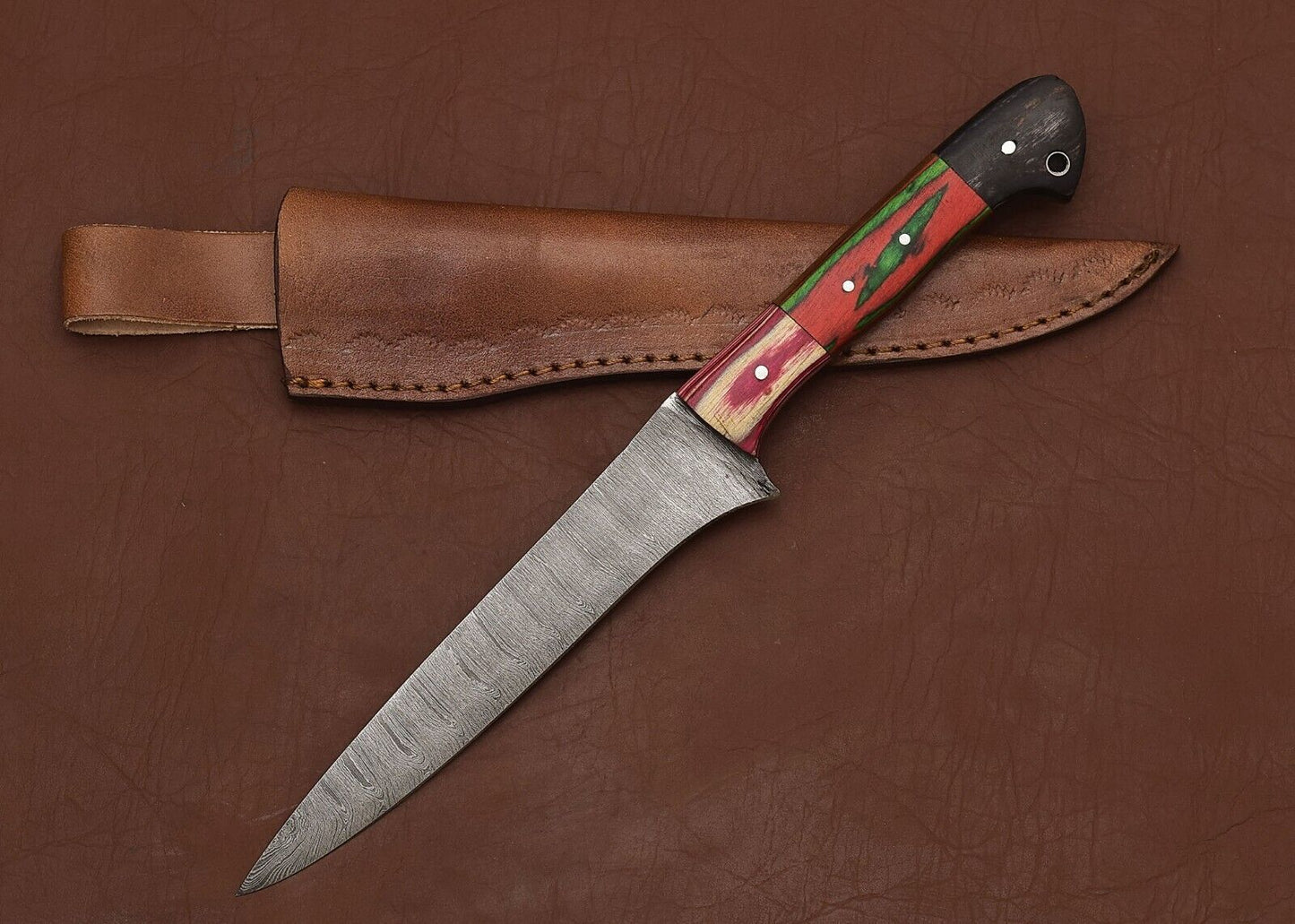Handmade Damascus Steel Fillet Knife  Chef  Hunting Knife With Leather Sheath 2