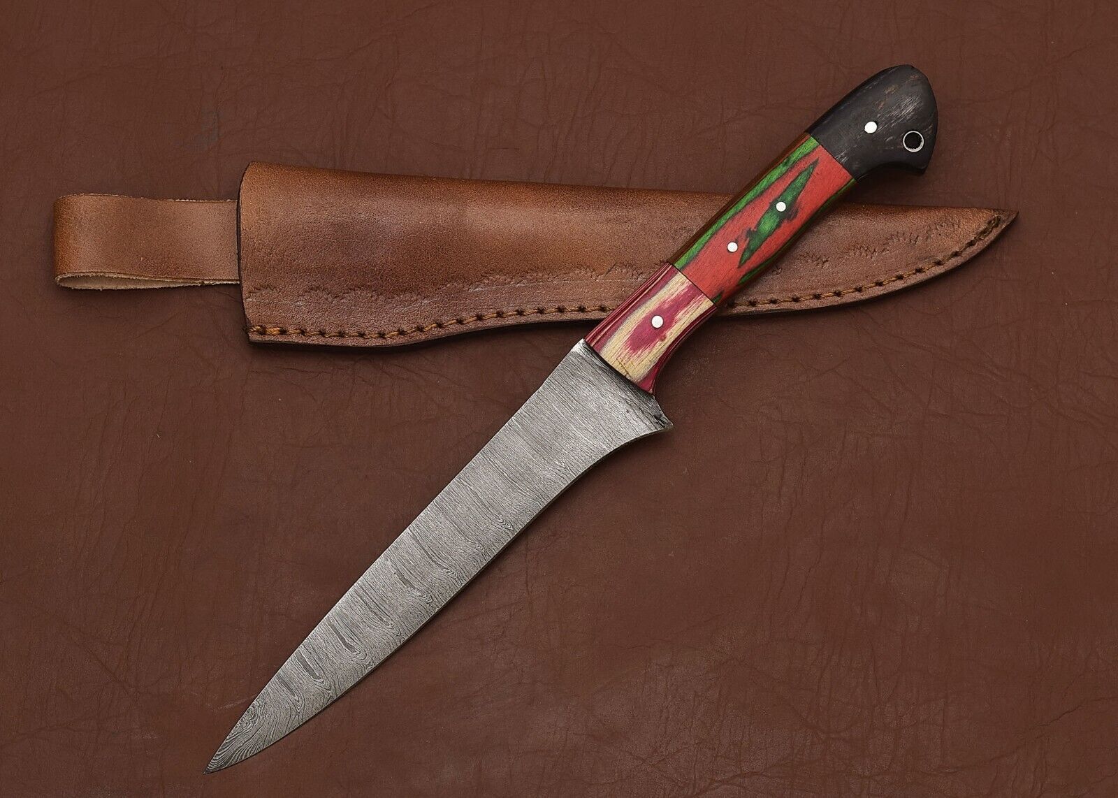 Handmade Damascus Steel Fillet Knife  Chef  Hunting Knife With Leather Sheath 2