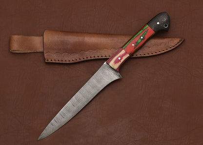 Handmade Damascus Steel Fillet Knife  Chef  Hunting Knife With Leather Sheath 2