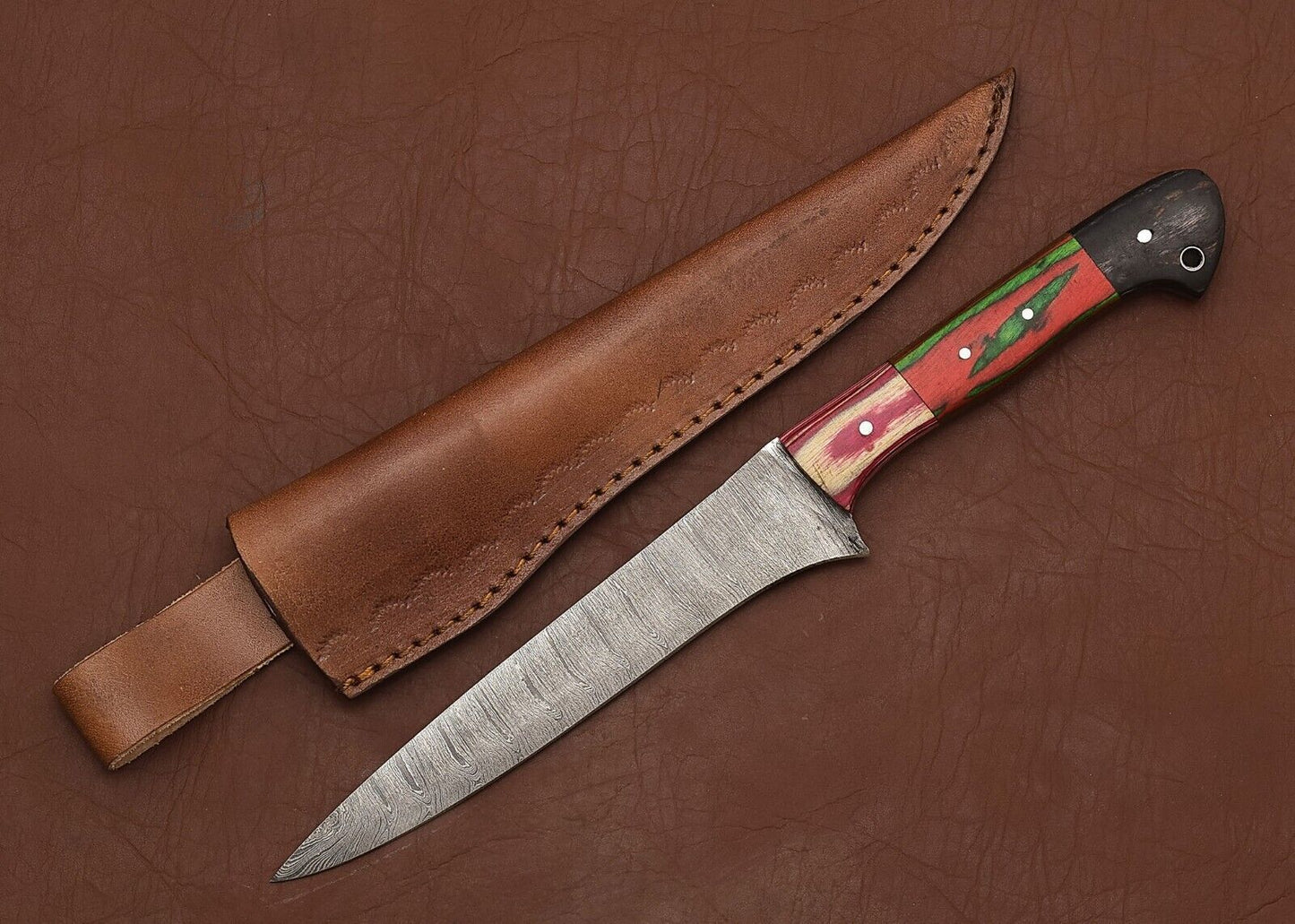 Handmade Damascus Steel Fillet Knife – Chef & Hunting Knife with Leather Sheath