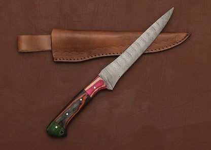 Damascus Steel Hunting  Kitchen Knife  8 Fillet Blade With Wooden Handle 1