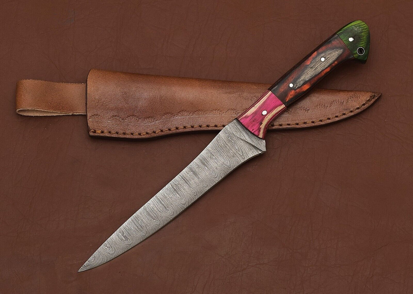 Damascus Steel Hunting  Kitchen Knife  8 Fillet Blade With Wooden Handle 2