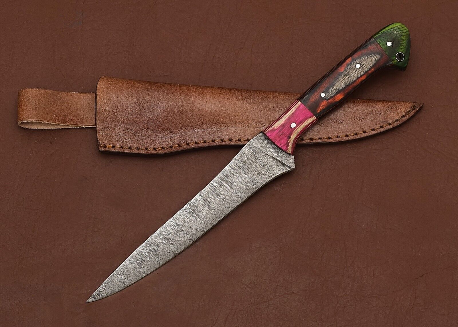 Damascus Steel Hunting  Kitchen Knife  8 Fillet Blade With Wooden Handle 2