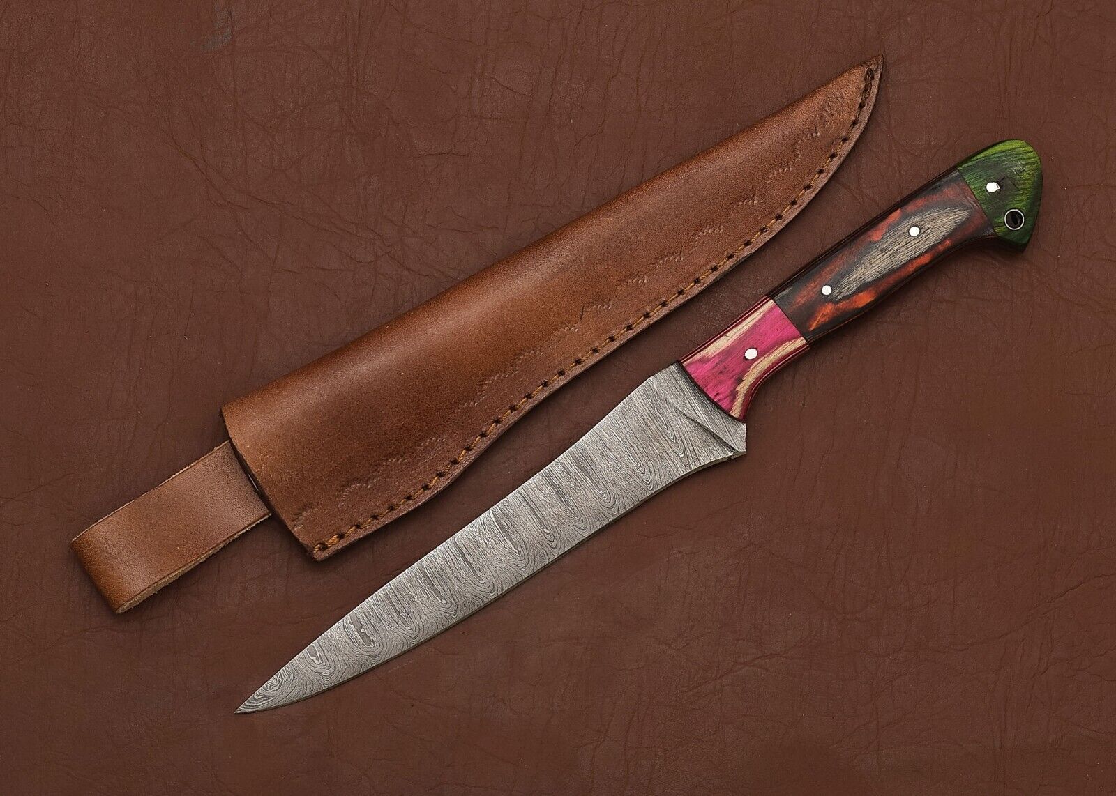 Damascus Steel Hunting & Kitchen Knife – 8" Fillet Blade with Wooden Handle