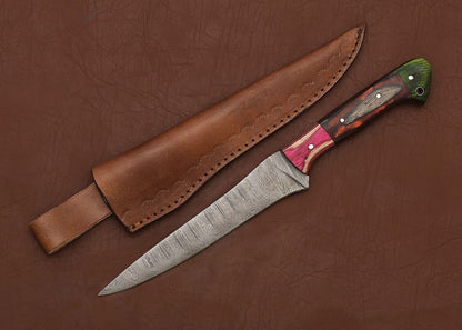 Damascus Steel Hunting & Kitchen Knife – 8" Fillet Blade with Wooden Handle