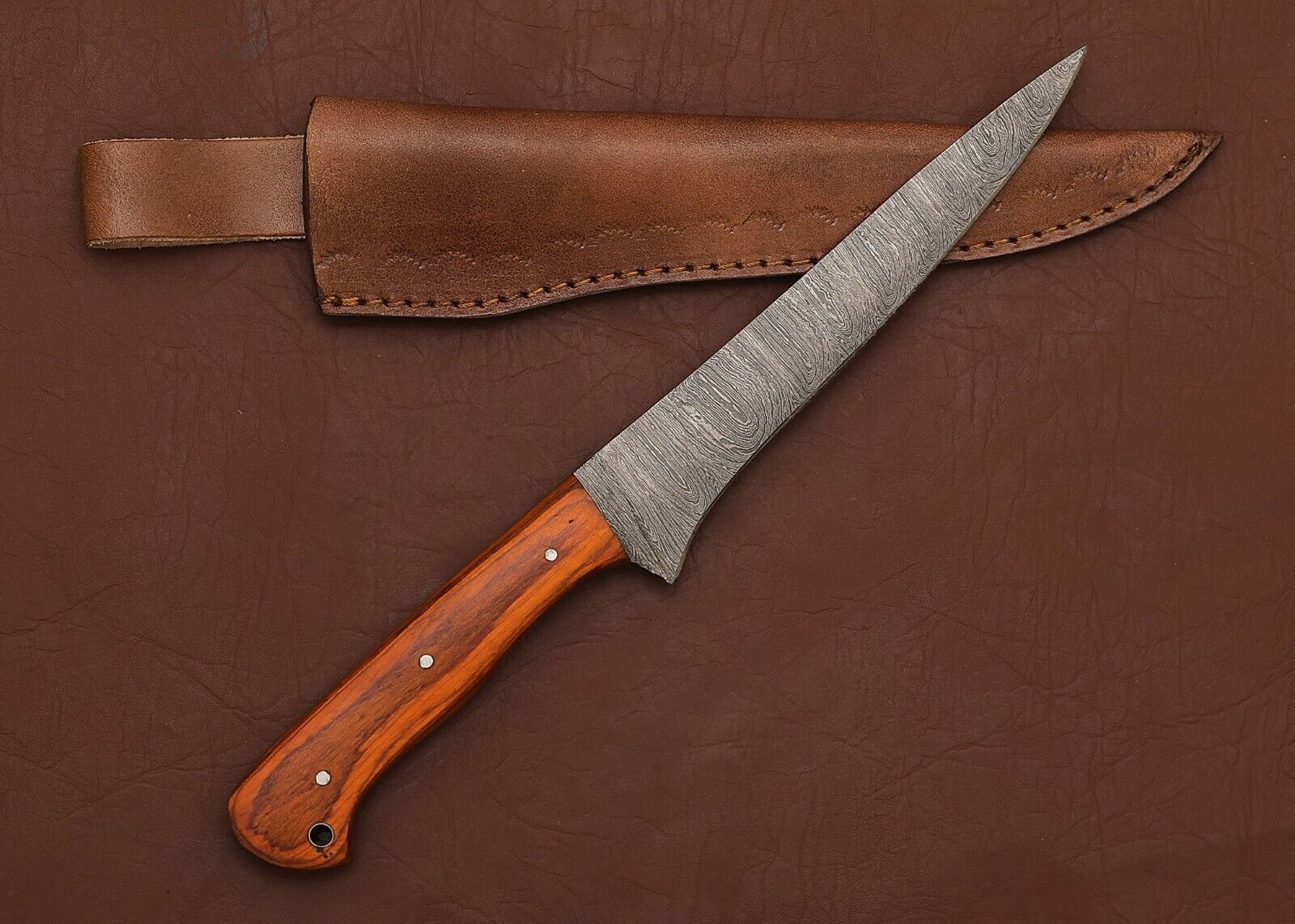 Premium Damascus Steel Chef Fillet Knife  Wooden Handle  Leather Sheath 1