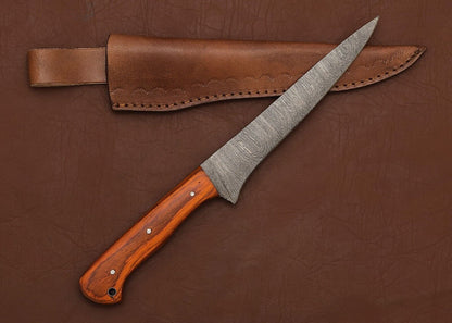 Premium Damascus Steel Chef Fillet Knife  Wooden Handle  Leather Sheath 1