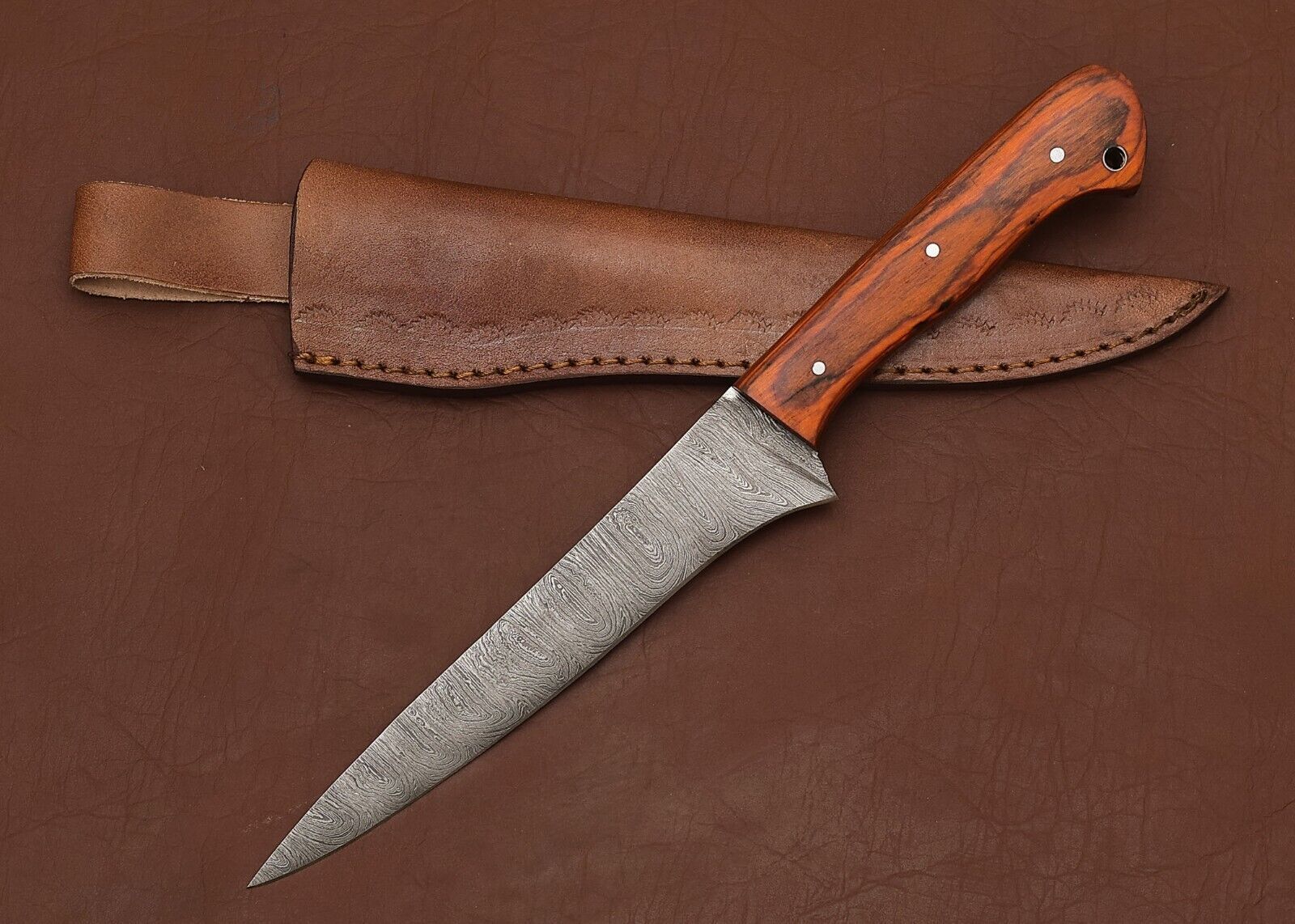 Premium Damascus Steel Chef Fillet Knife  Wooden Handle  Leather Sheath 2