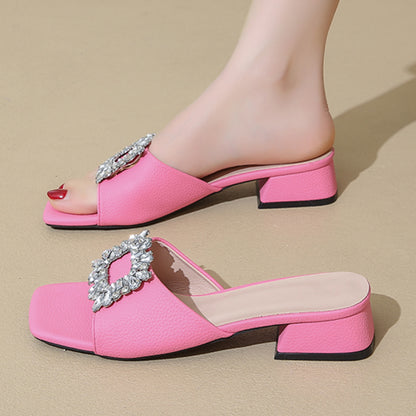 Luxury Summer Women Sandals, Rhinestone Square Top Slippers, Fashion Light Comfort High Heel Flat Shoes