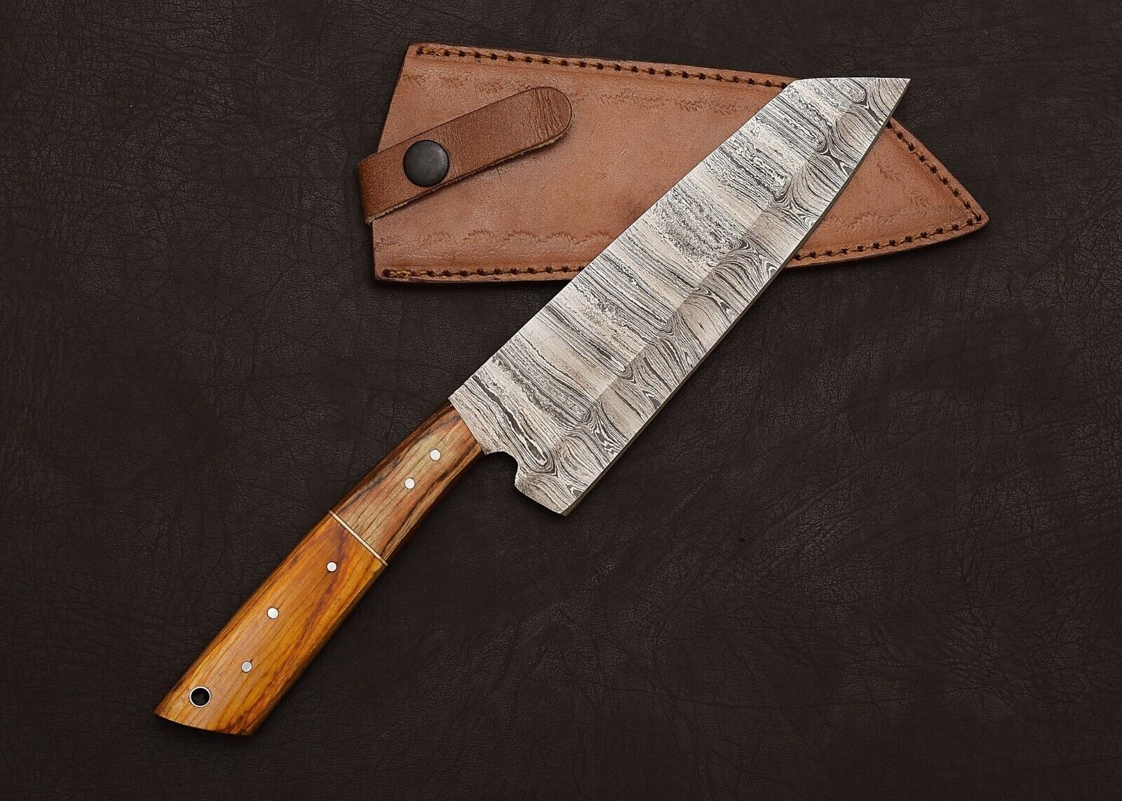 Damascus Steel Precision Chef Knife  Handcrafted Fillet Blade With Leather Sheath 1