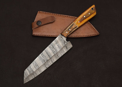 Damascus Steel Precision Chef Knife  Handcrafted Fillet Blade With Leather Sheath 2