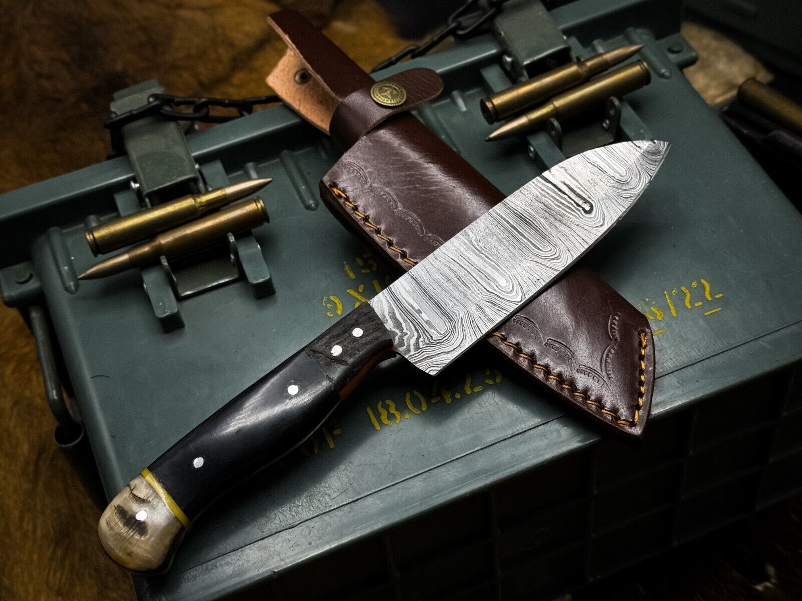 Handmade Damascus Steel Kitchen Chef Knife With Ram Horn Handle And Cow Leather Sheath 3
