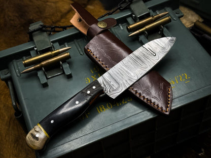 Handmade Damascus Steel Kitchen Chef Knife With Ram Horn Handle And Cow Leather Sheath 3