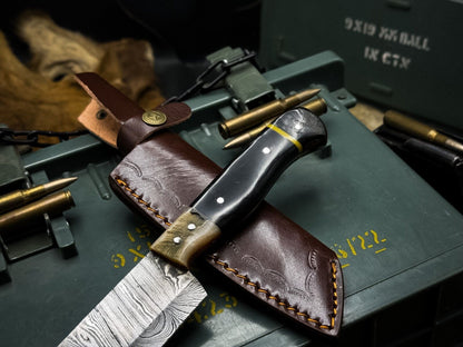 Handmade Damascus Steel Kitchen Chef Knife With Ram Horn Handle And Cow Leather Sheath 1