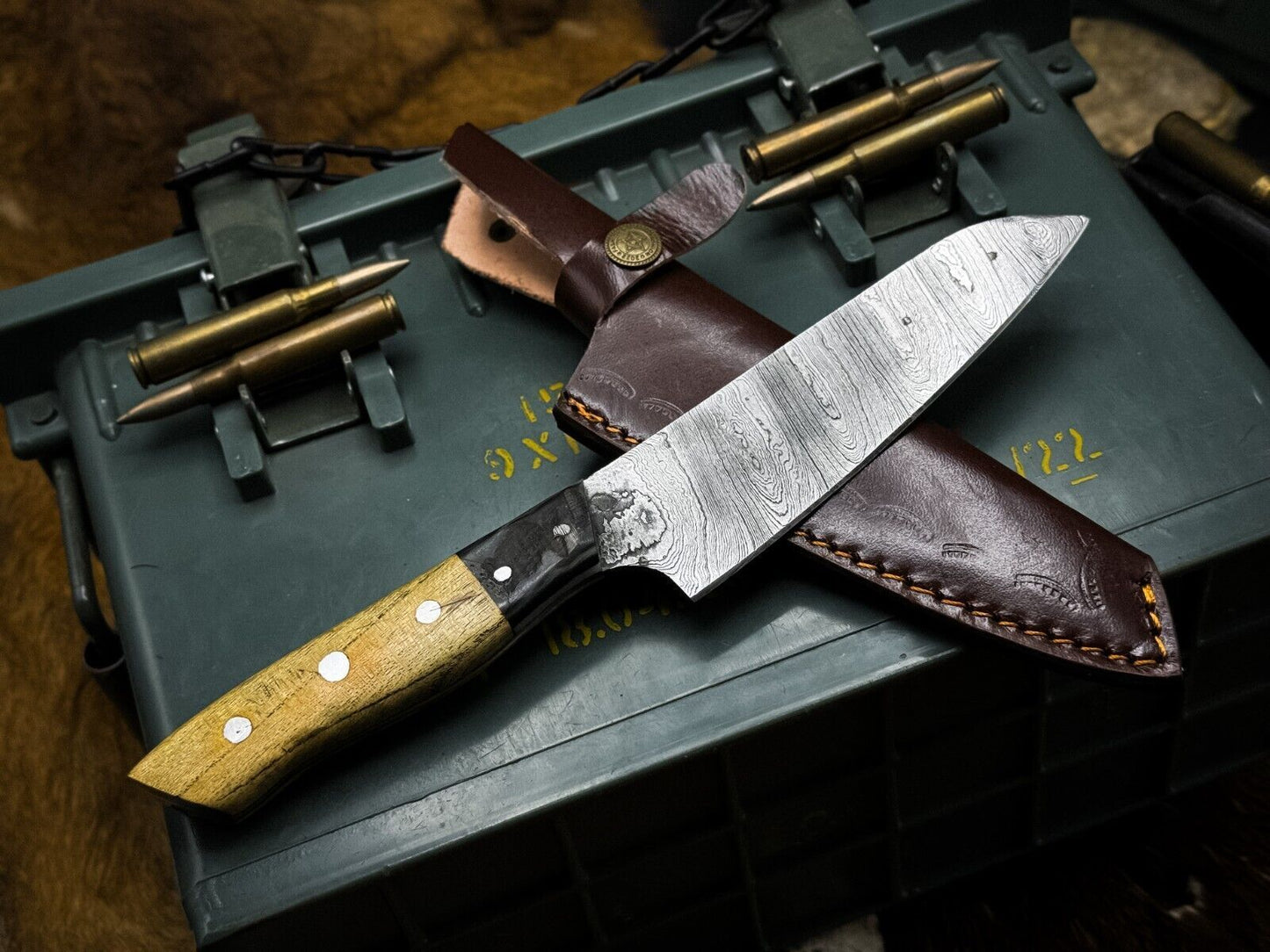 HandForged Damascus Steel Chef Knife With Natural Ram Horn Handle 3
