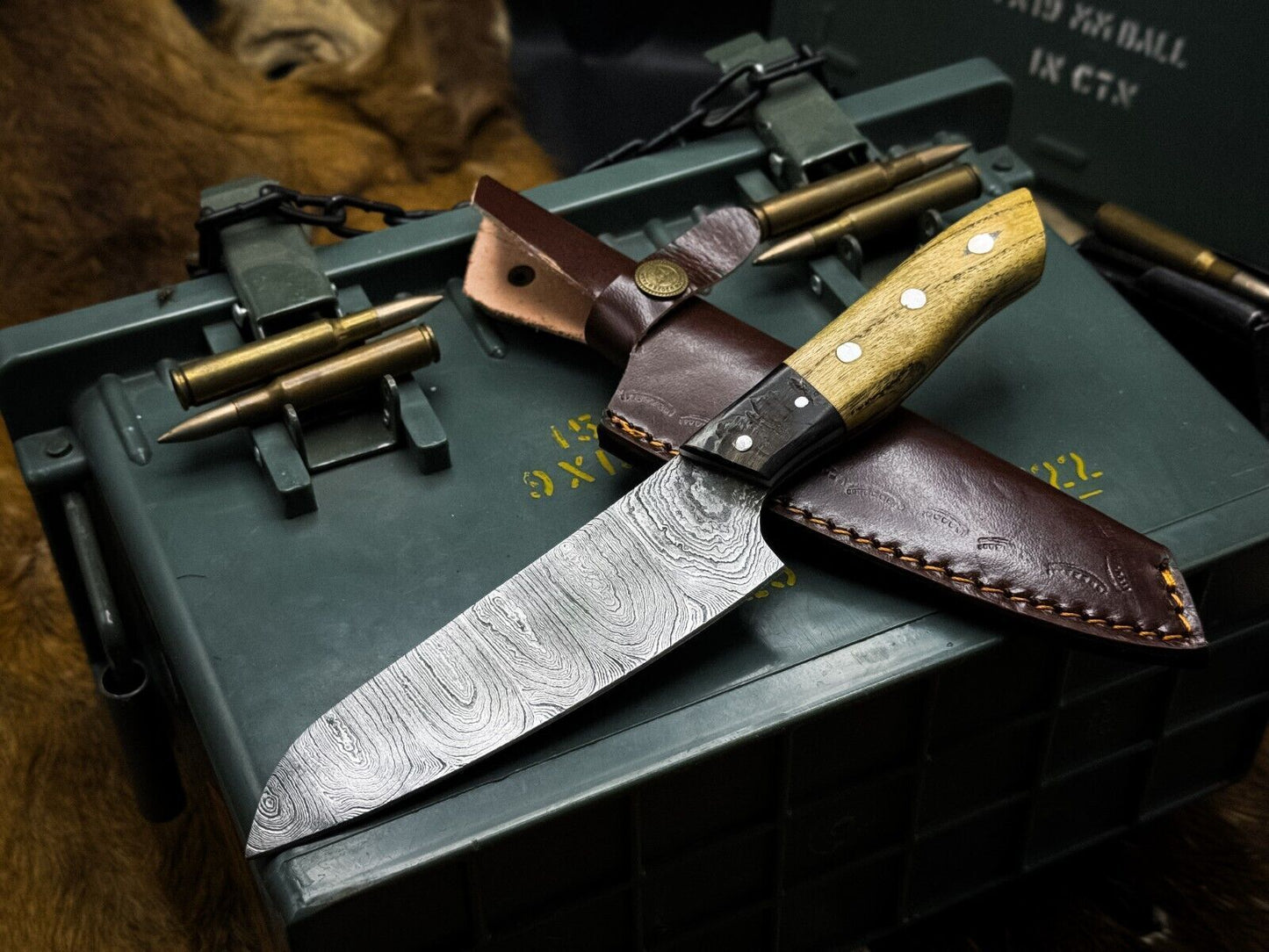 Hand-Forged Damascus Steel Chef Knife with Natural Ram Horn Handle