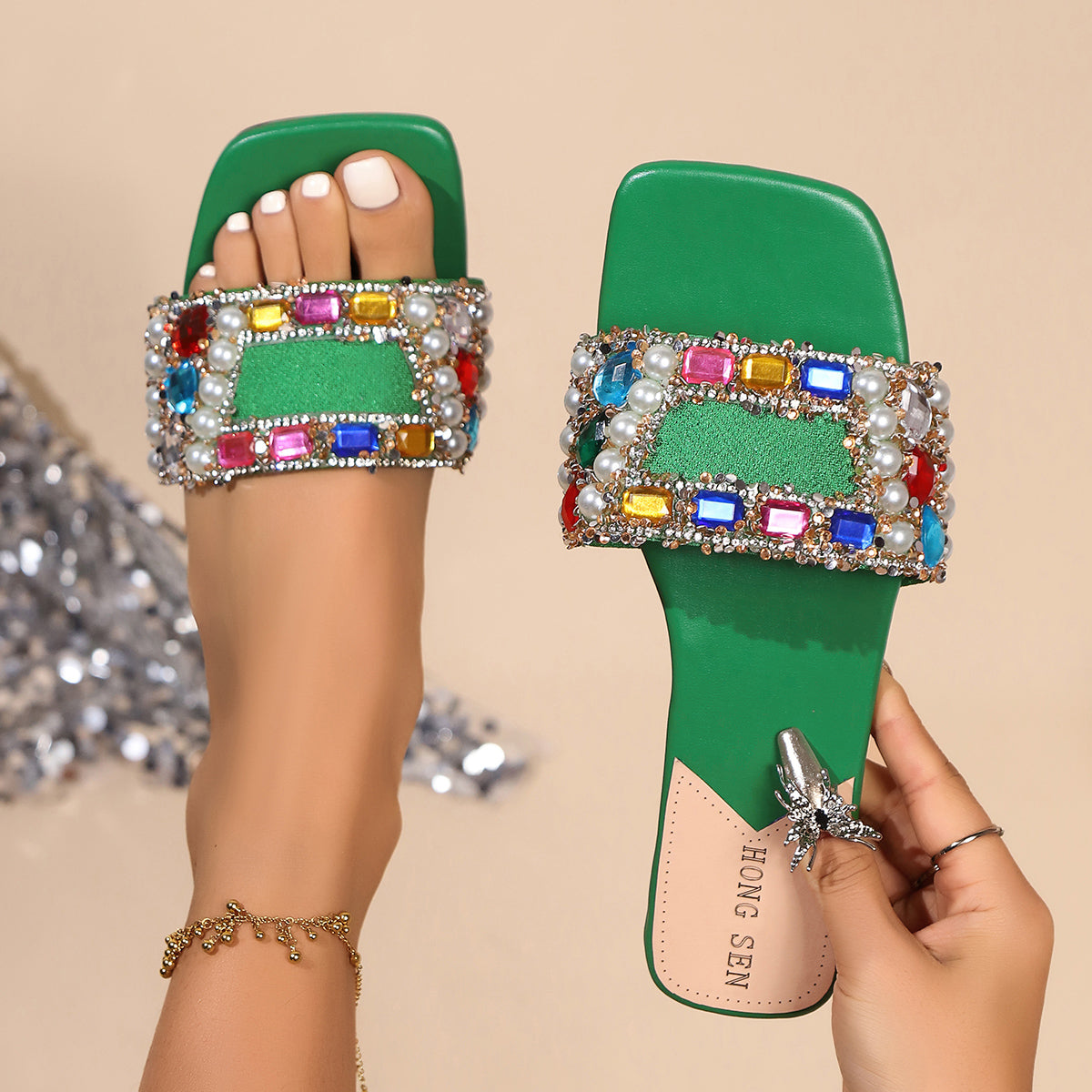 Casual Women Rhinestone Slippers Fairy Style Summer Home Sandals Flat Fashion Slides Versatile Desi 4