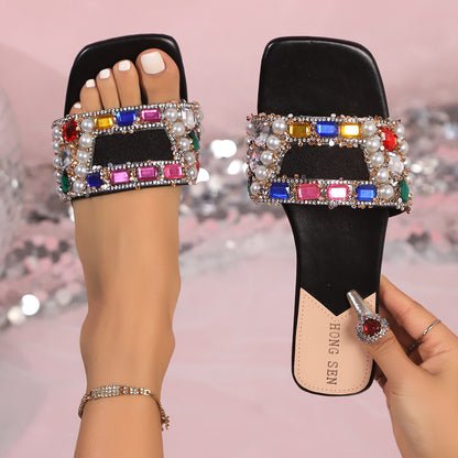 Casual Women Rhinestone Slippers Fairy Style Summer Home Sandals Flat Fashion Slides Versatile Desi 1