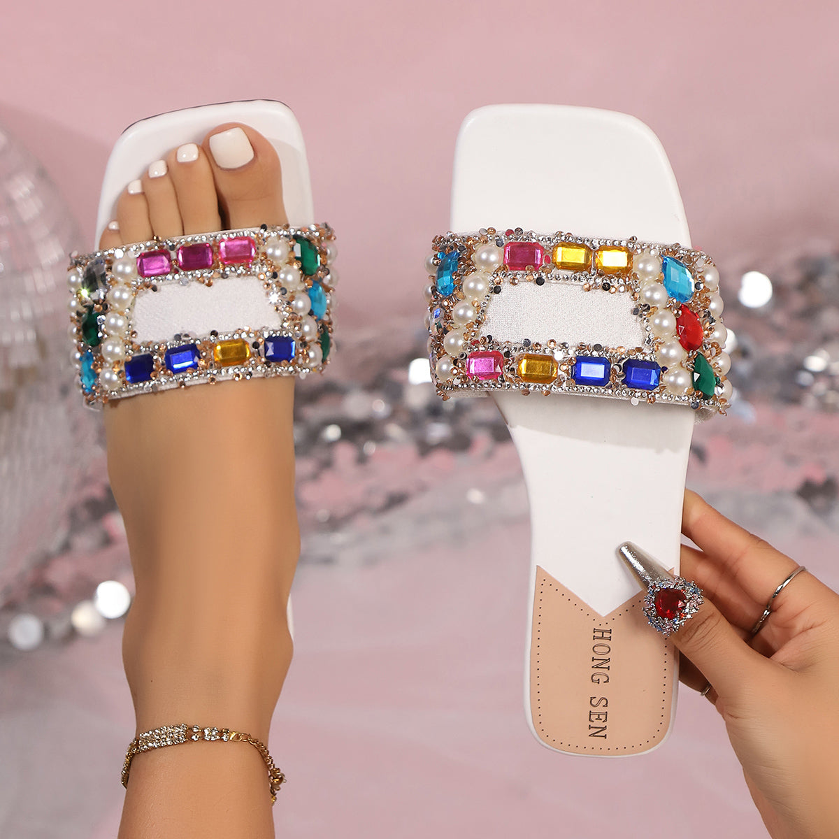 Casual Women Rhinestone Slippers Fairy Style Summer Home Sandals Flat Fashion Slides Versatile Desi 2