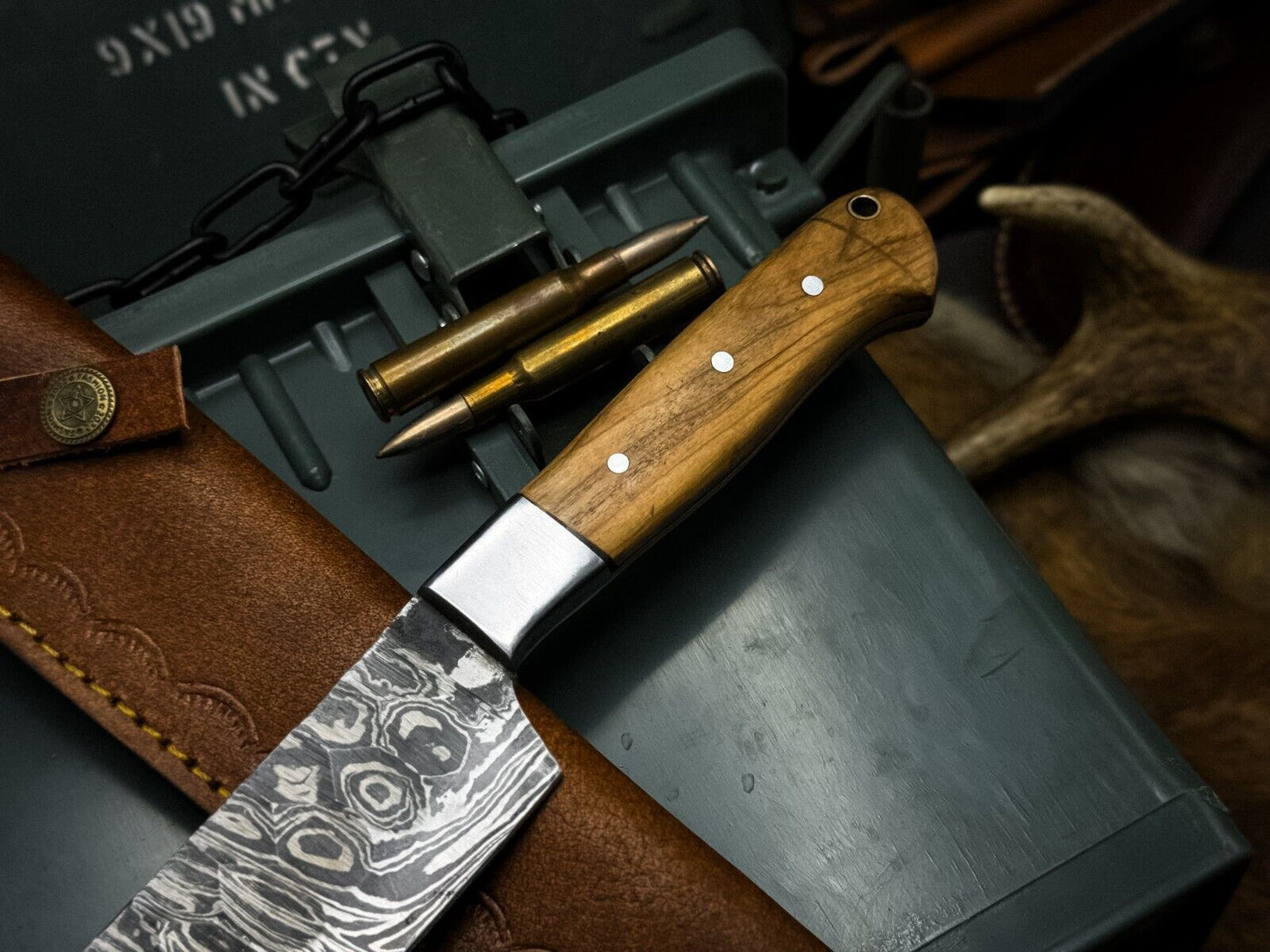 Handmade Damascus Steel Chef Knife With Wood Handle  Cow Leather Sheath 1