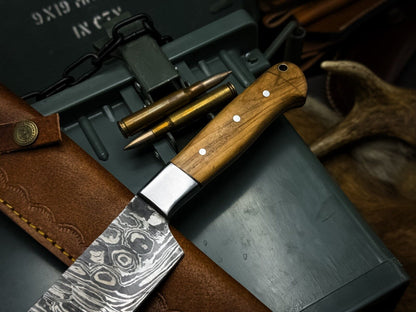 Handmade Damascus Steel Chef Knife With Wood Handle  Cow Leather Sheath 1