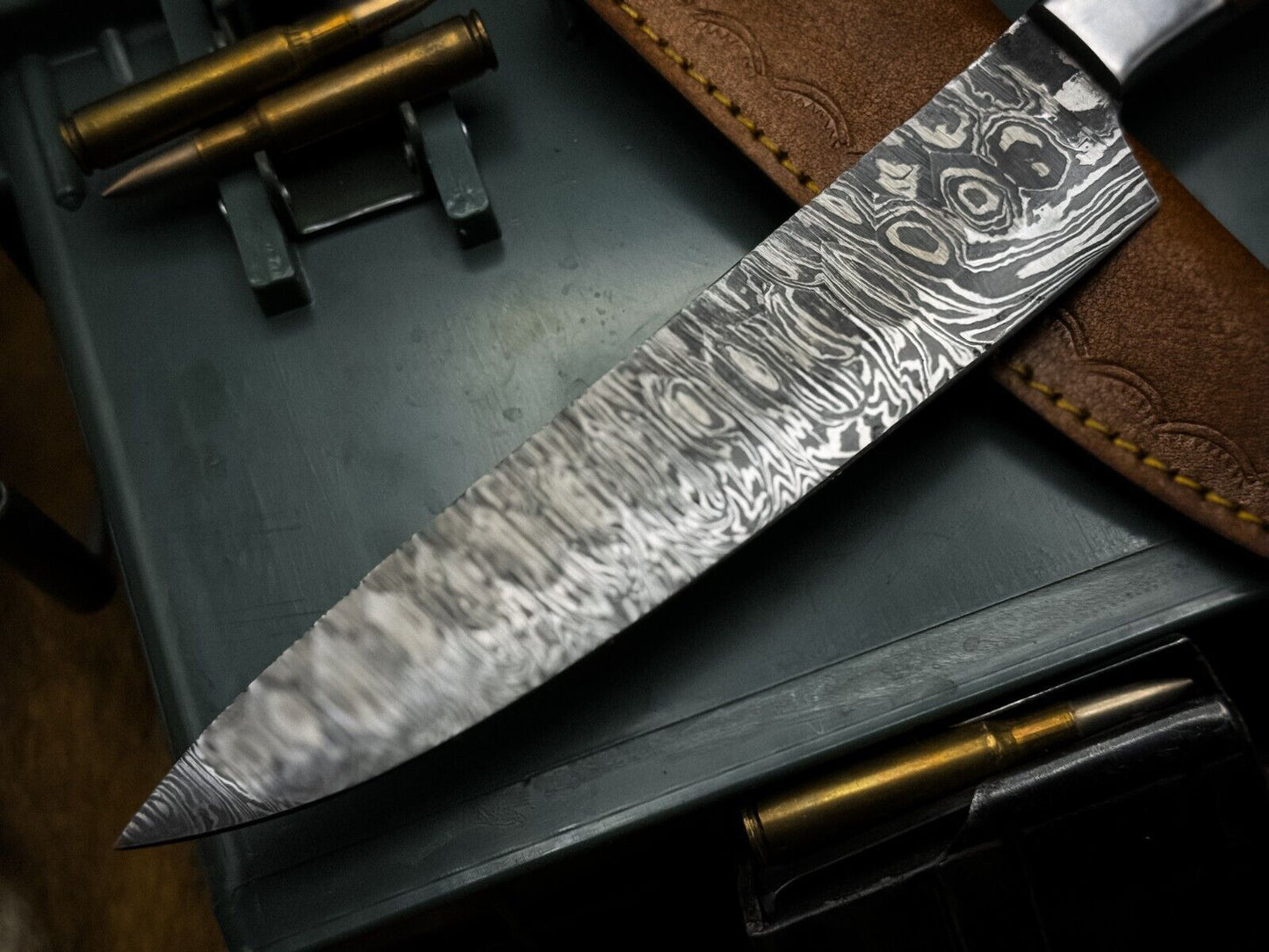 Handmade Damascus Steel Chef Knife With Wood Handle  Cow Leather Sheath 2