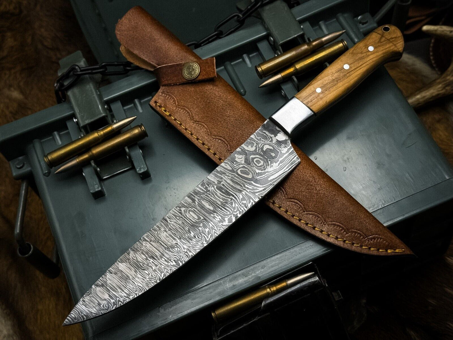 Handmade Damascus Steel Chef Knife with Wood Handle & Cow Leather Sheath