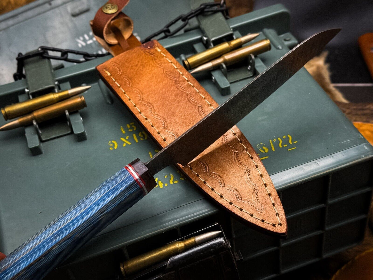 Custom Forged Damascus Kitchen Knife With Wooden Handle And Leather Sheath 4
