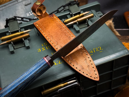 Custom Forged Damascus Kitchen Knife With Wooden Handle And Leather Sheath 4
