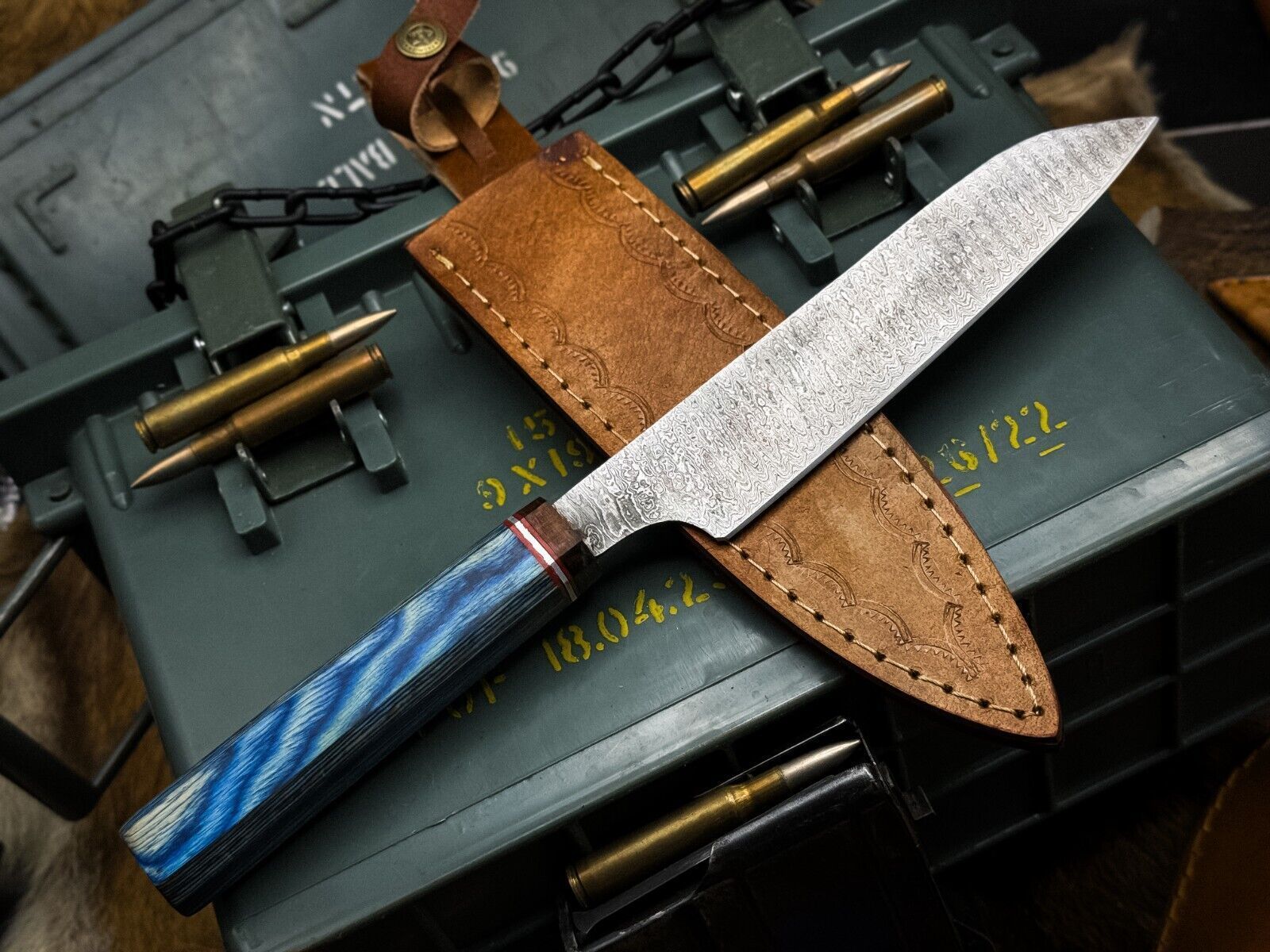 Custom Forged Damascus Kitchen Knife With Wooden Handle And Leather Sheath 1