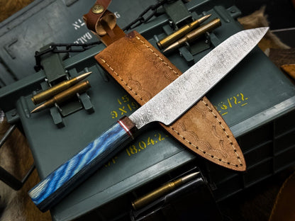 Custom Forged Damascus Kitchen Knife With Wooden Handle And Leather Sheath 1