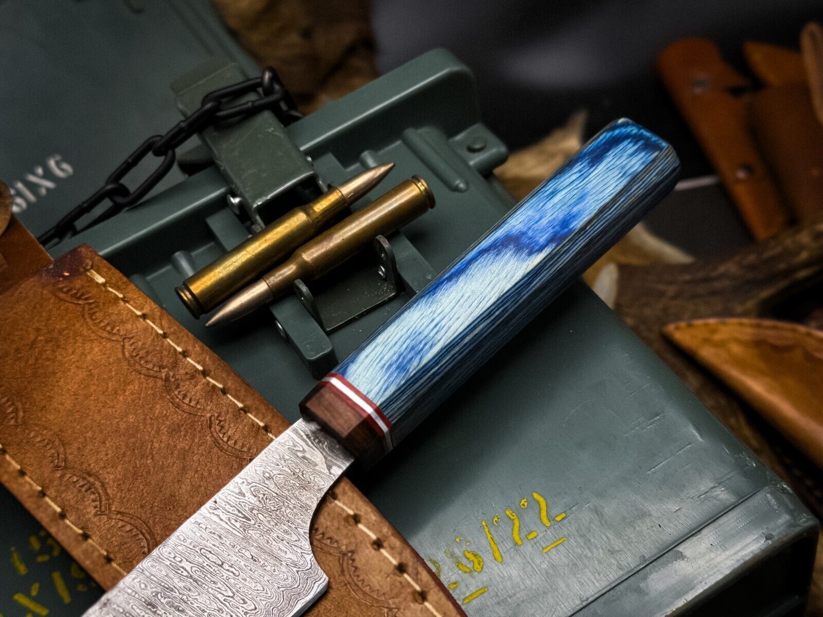 Custom Forged Damascus Kitchen Knife With Wooden Handle And Leather Sheath 2