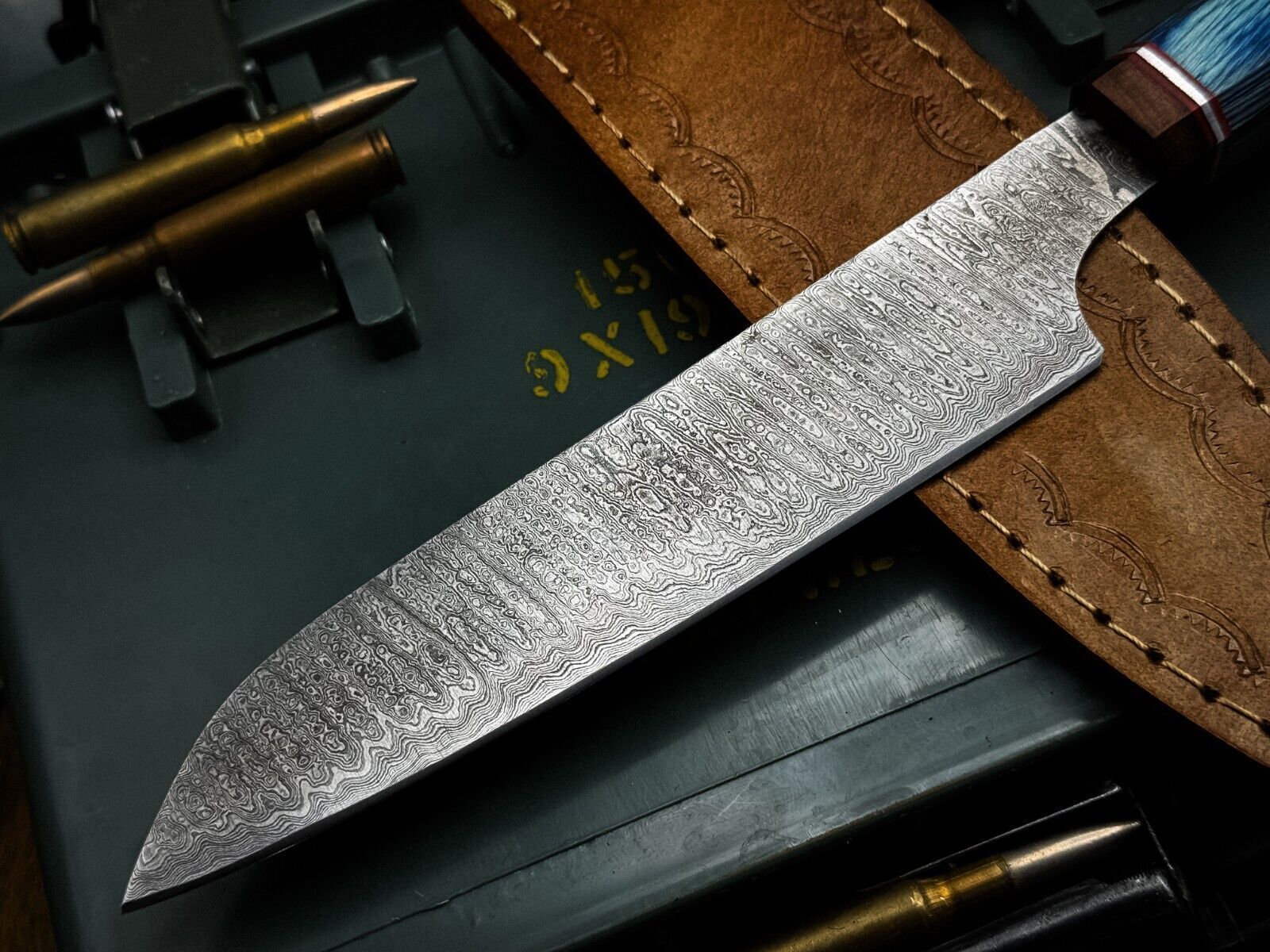 Custom Forged Damascus Kitchen Knife With Wooden Handle And Leather Sheath 3
